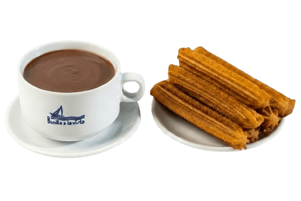 Chocolate con churros Bonilla a la vista Taza de chocolate caliente con churros de Bonilla a la Vista