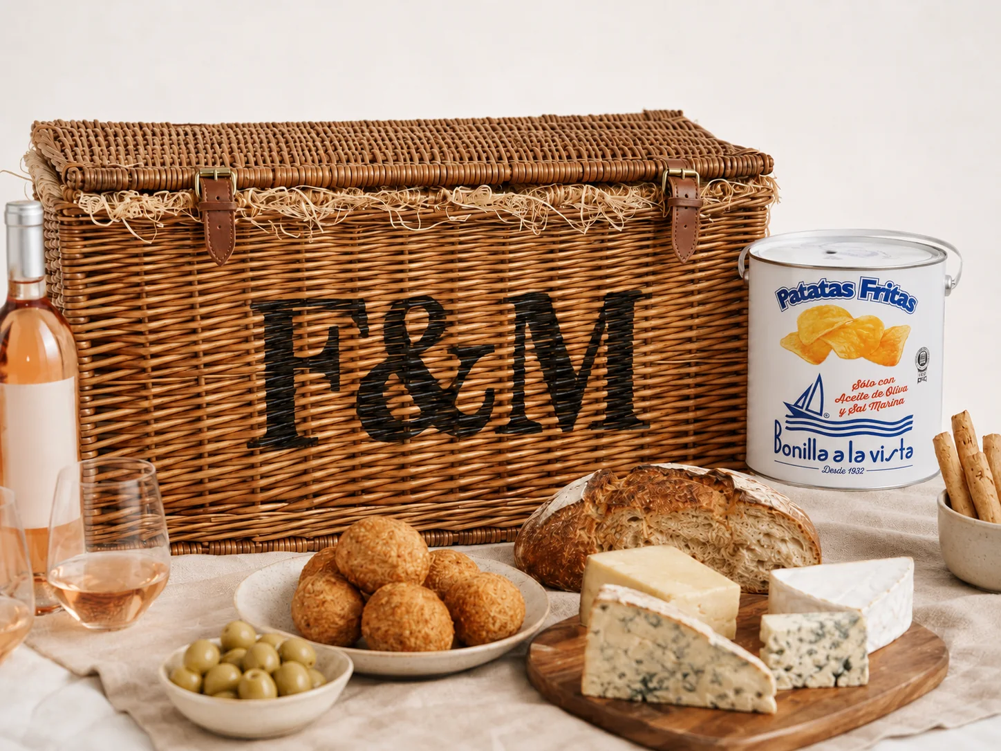 Cesta de picnic de Fortnum & Mason junto a una lata Bonilla